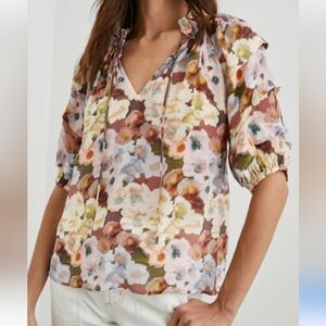 Rails Paris Painted Fall Floral V-Neck Blouse Puff Sleeve Lace Tie V-neck Size